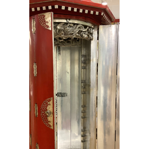 Pair antique red lacquer Gump's cabinets with original silver leaf interiors and metal hardware. Double door openings front and back. c1930s. Condition consistent with age.