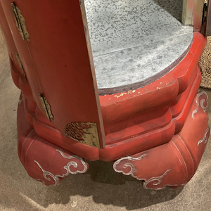 Pair antique red lacquer Gump's cabinets with original silver leaf interiors and metal hardware. Double door openings front and back. c1930s. Condition consistent with age.