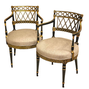 Pair Antique Regency chairs w new linen upholstery.