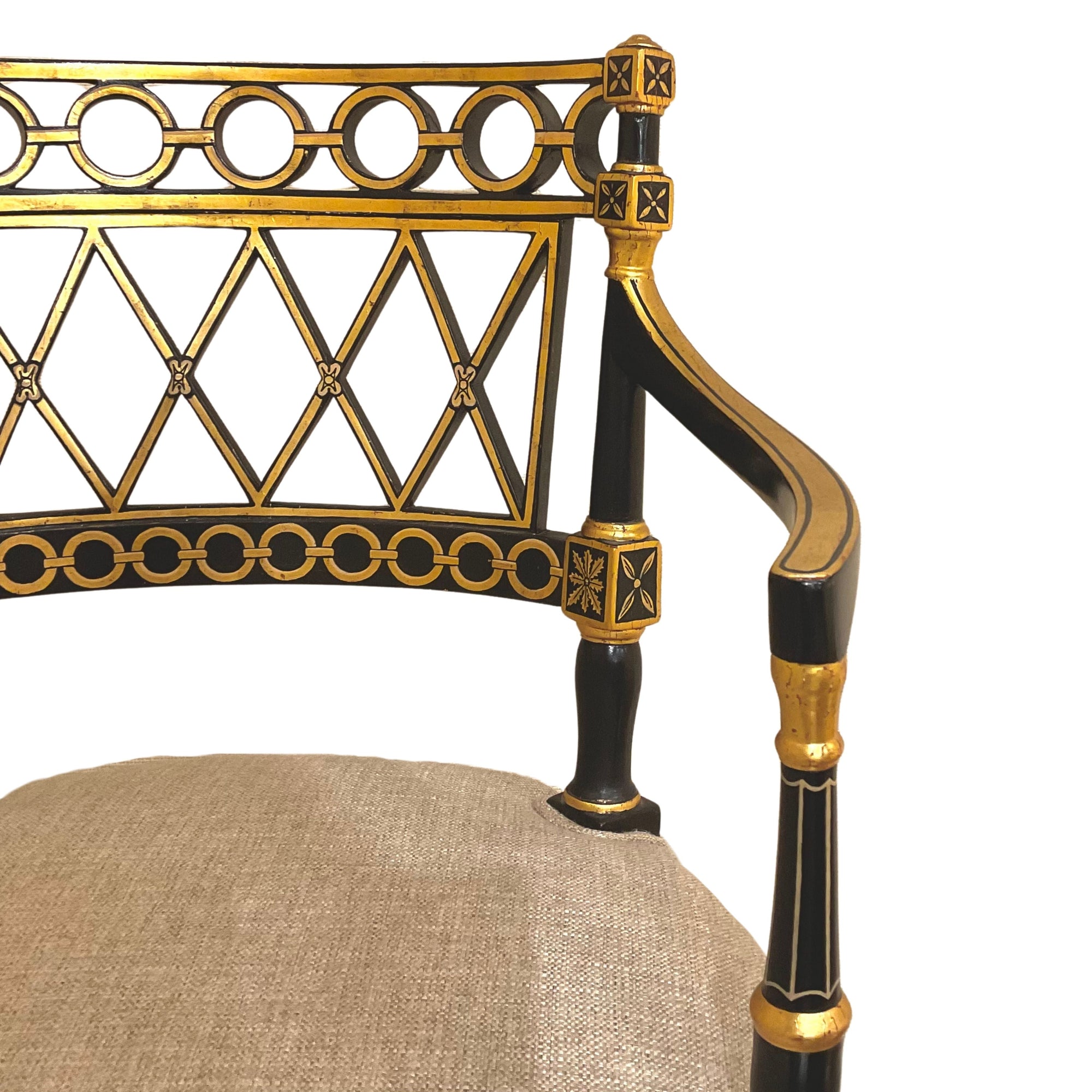 Pair Antique Regency chairs w new linen upholstery.
