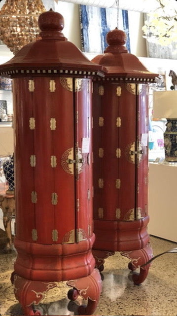 Pair antique red lacquer Gump's cabinets with original silver leaf interiors and metal hardware. Double door openings front and back. c1930s. Condition consistent with age.