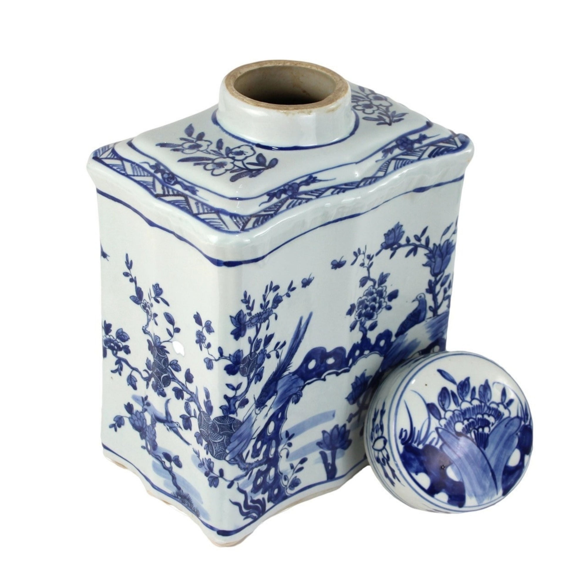 Blue and White Curved Tea Jar with Bird Floral Design