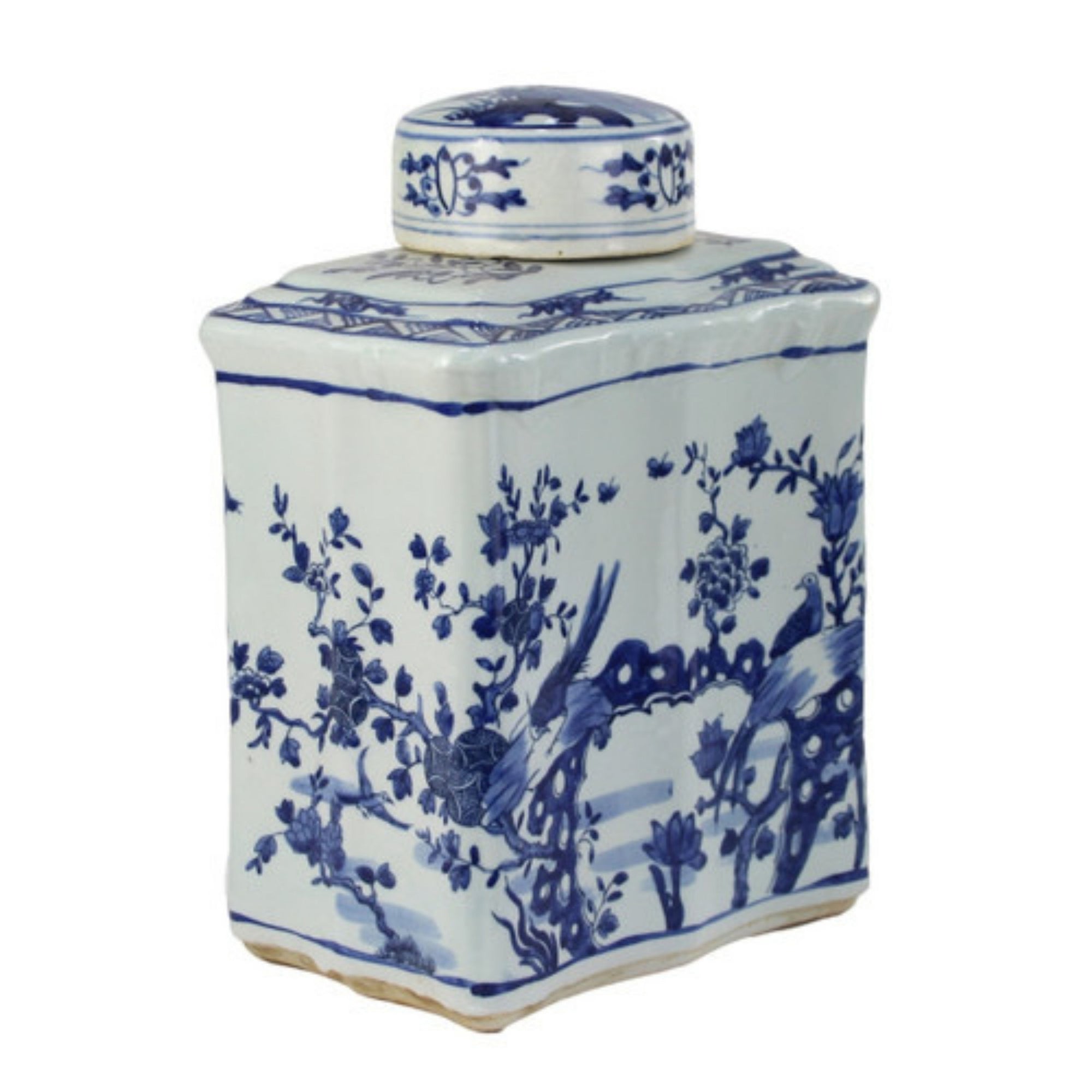 Blue and White Curved Tea Jar with Bird Floral Design
