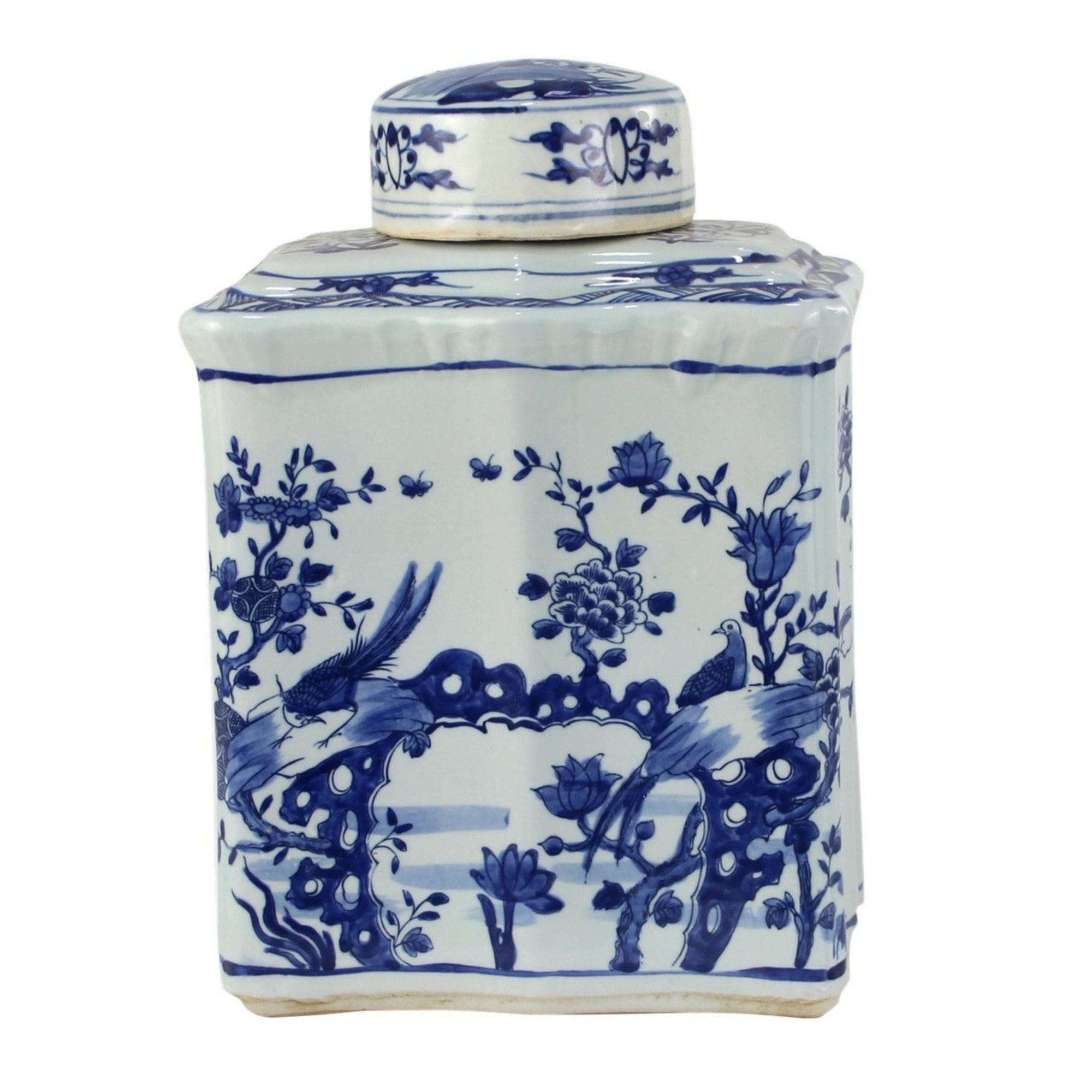 Blue and White Curved Tea Jar with Bird Floral Design