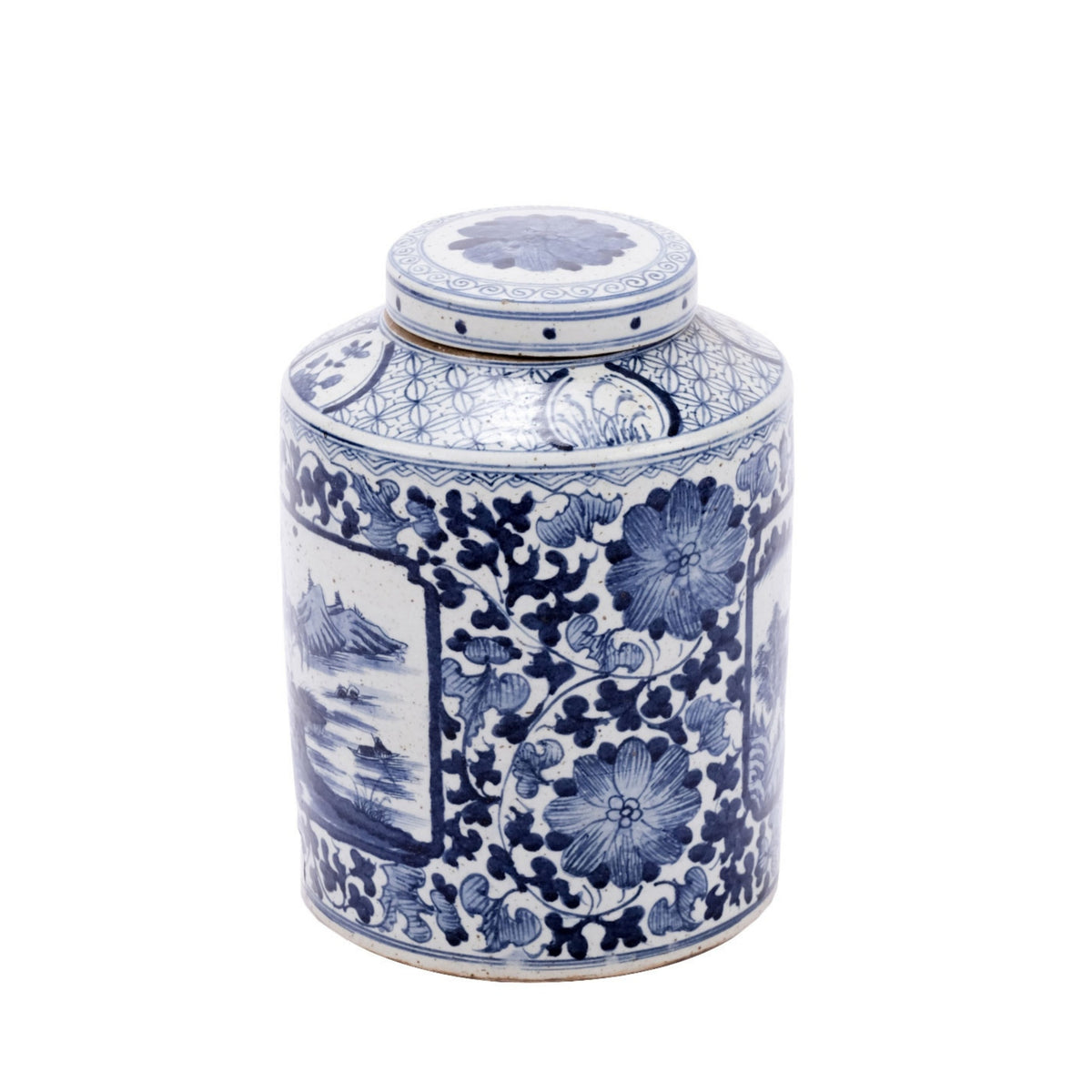 Blue and White Dynasty Tea Jar with Floral Landscape Medallion