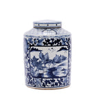 Blue and White Dynasty Tea Jar with Floral Landscape Medallion