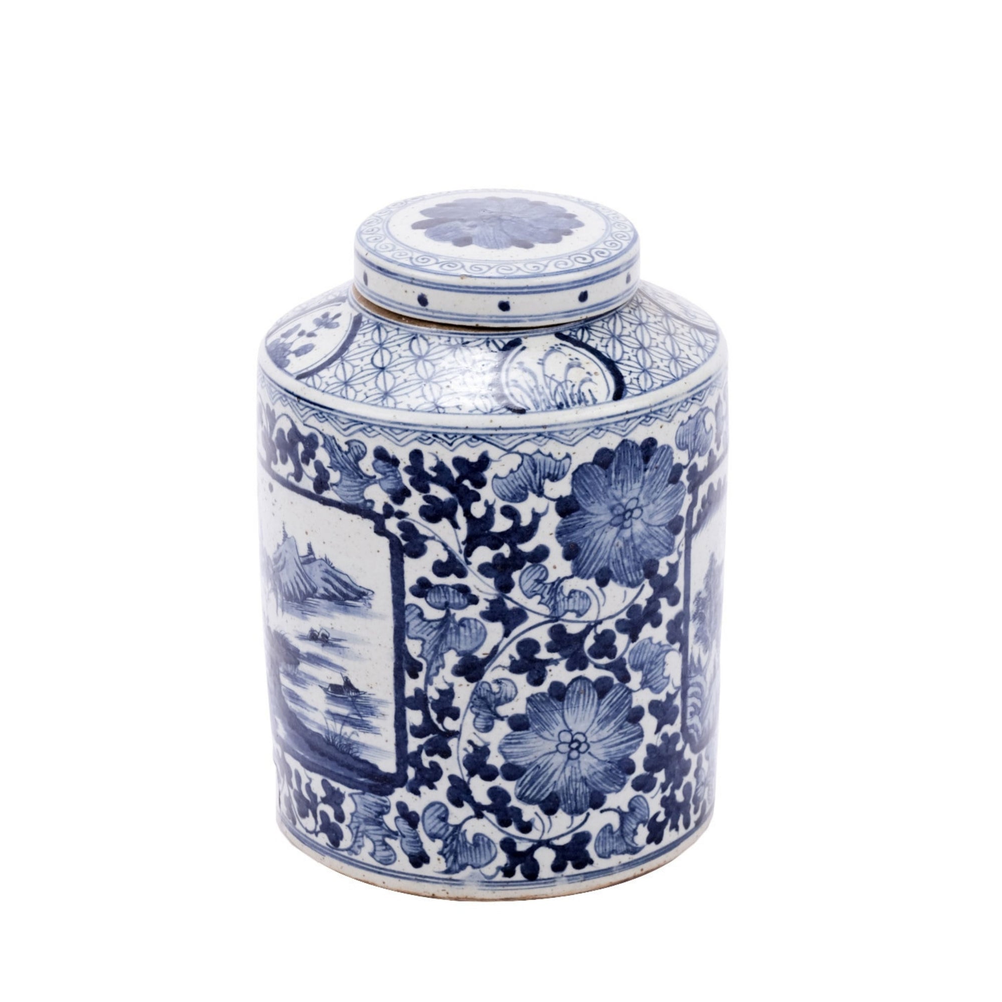Blue and White Dynasty Tea Jar with Floral Landscape Medallion