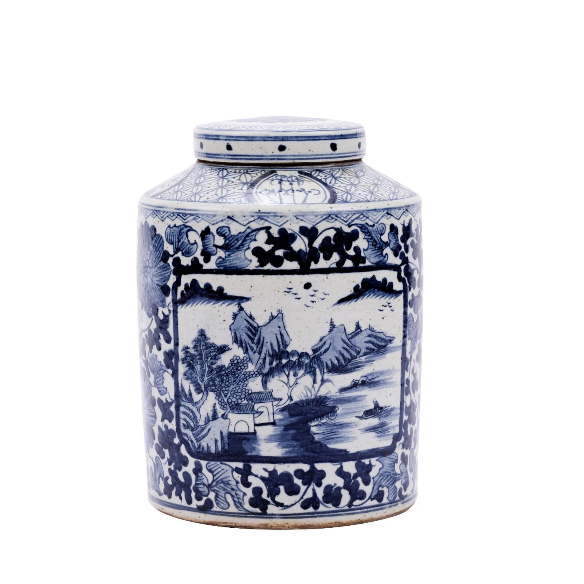 Blue and White Dynasty Tea Jar with Floral Landscape Medallion