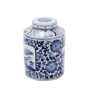 Blue and White Dynasty Tea Jar with Floral Landscape Medallion
