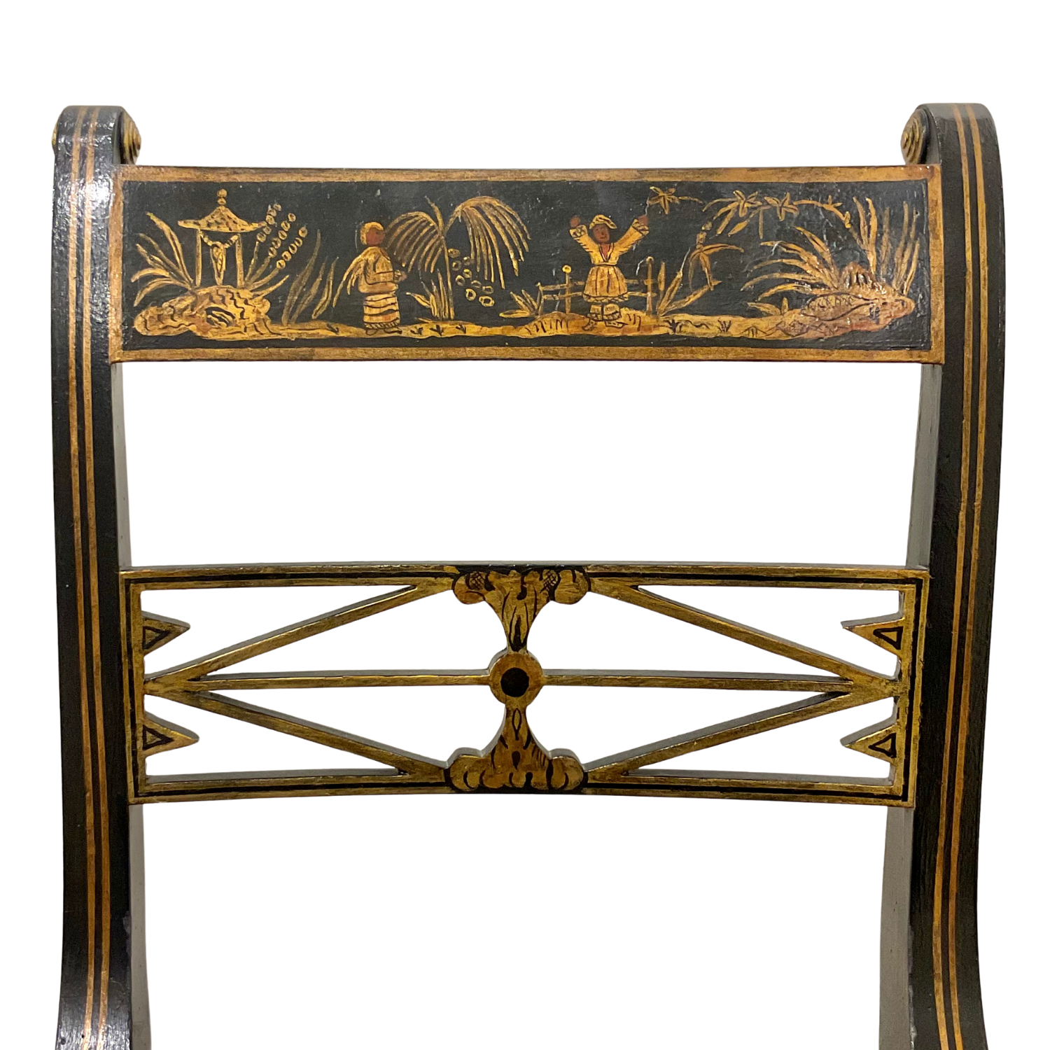 Set/6 Early 19th Century English Regency Chinoiserie motif hand painted armchairs with cane seats.