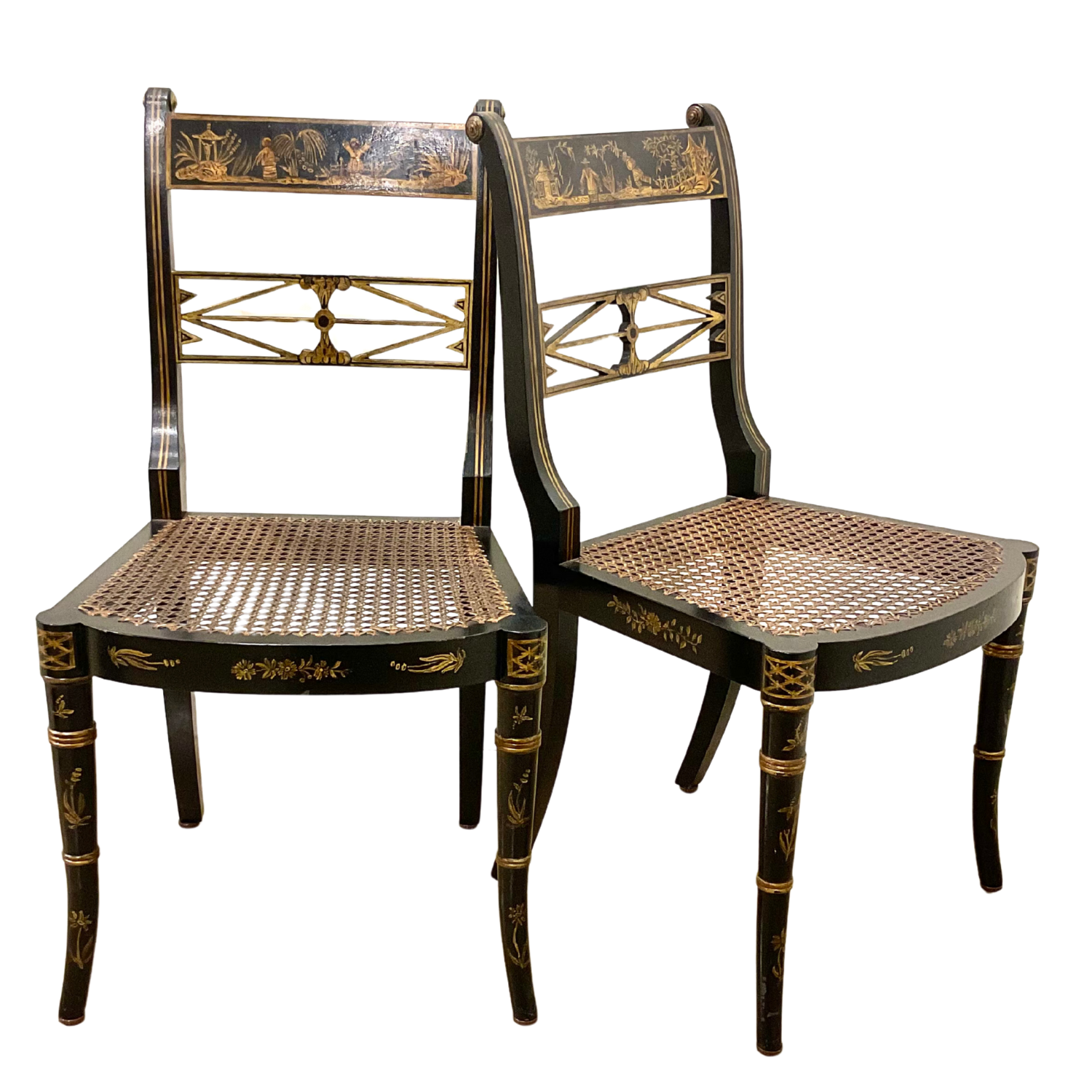 Set/6 Early 19th Century English Regency Chinoiserie motif hand painted armchairs with cane seats.