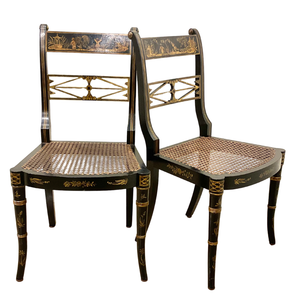 Set/6 Early 19th Century English Regency Chinoiserie motif hand painted armchairs with cane seats.