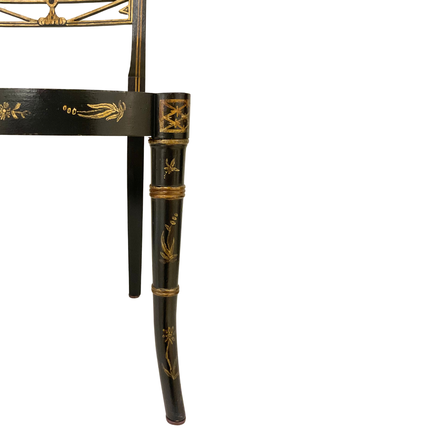 Set/6 Early 19th Century English Regency Chinoiserie motif hand painted armchairs with cane seats.