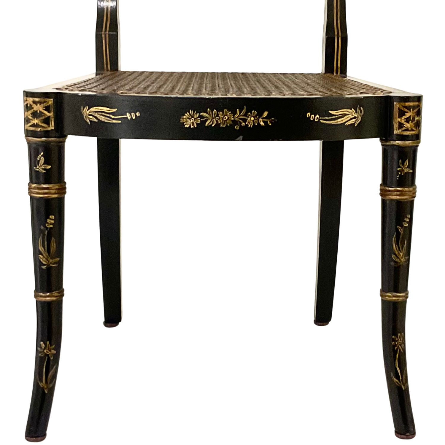 Set/6 Early 19th Century English Regency Chinoiserie motif hand painted armchairs with cane seats.