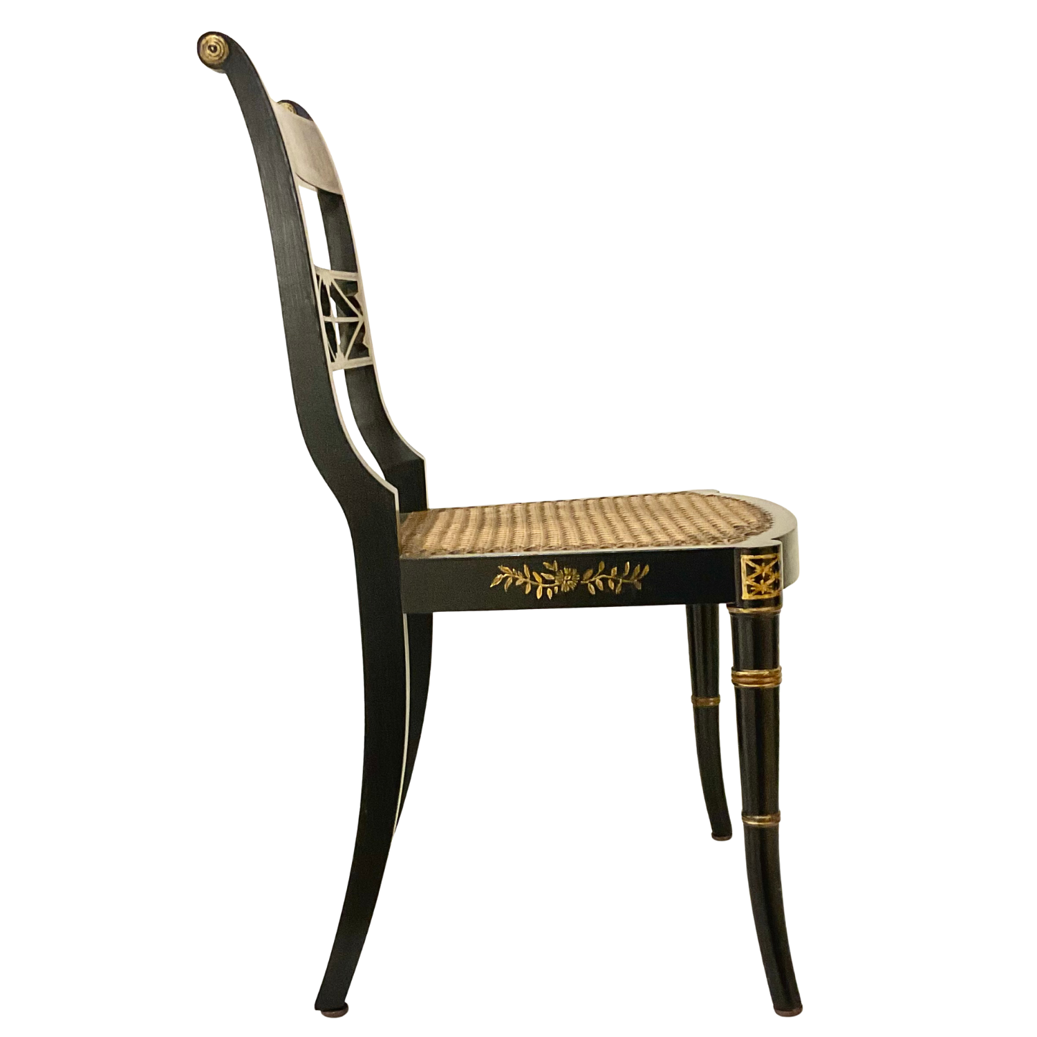 Set/6 Early 19th Century English Regency Chinoiserie motif hand painted armchairs with cane seats.