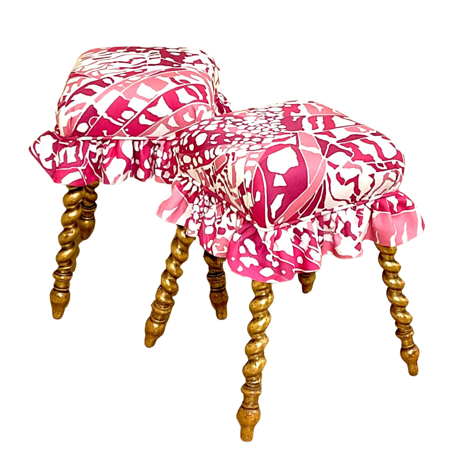 Pair Antique Water Gilt Turned Leg Tabourets