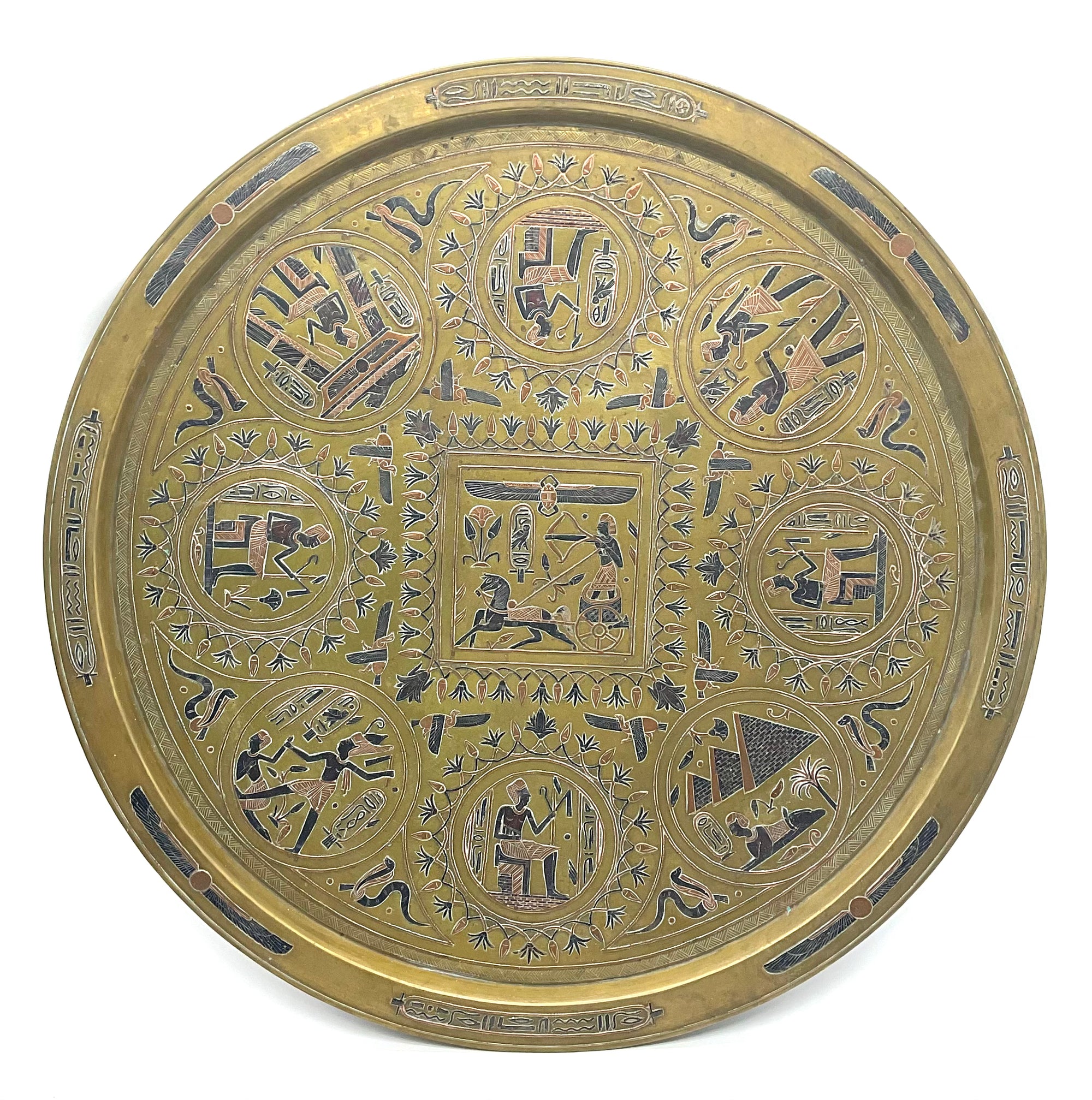 Egyptian Round Tray Copper Inlay