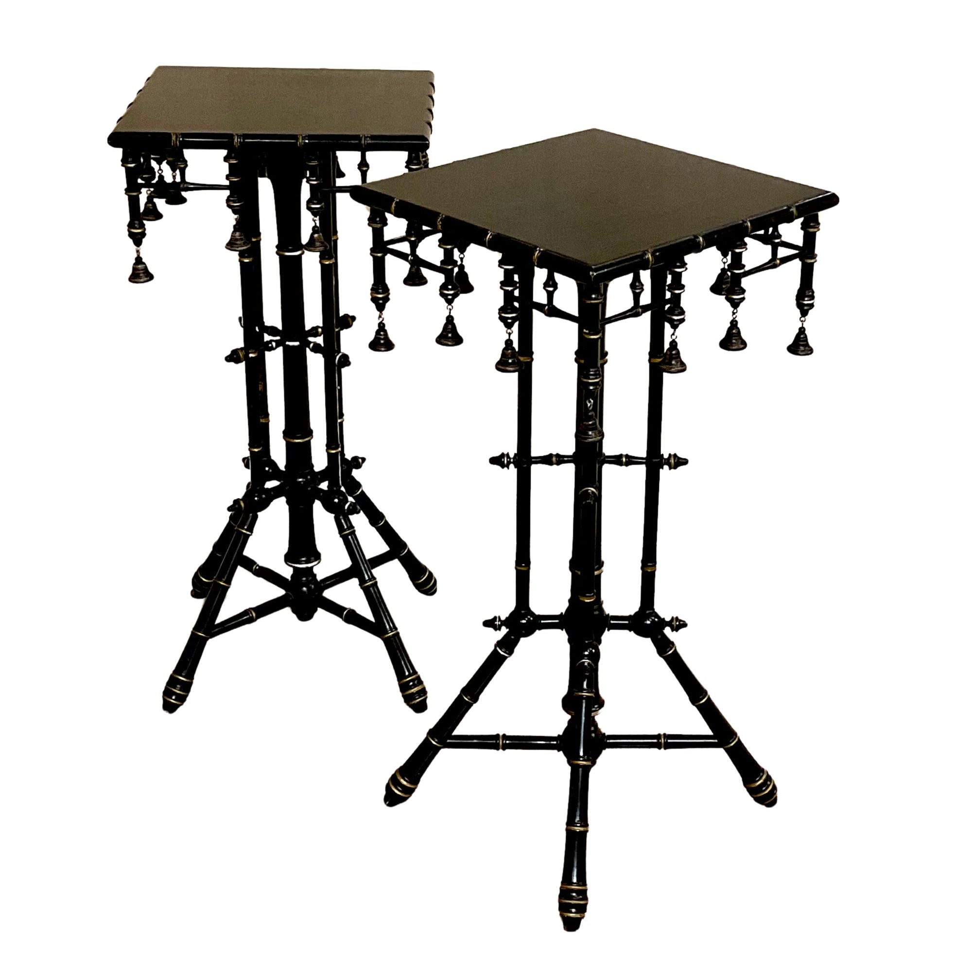Pair 19th century ebonized faux-bamboo tables with gilt trim and wooden bells.