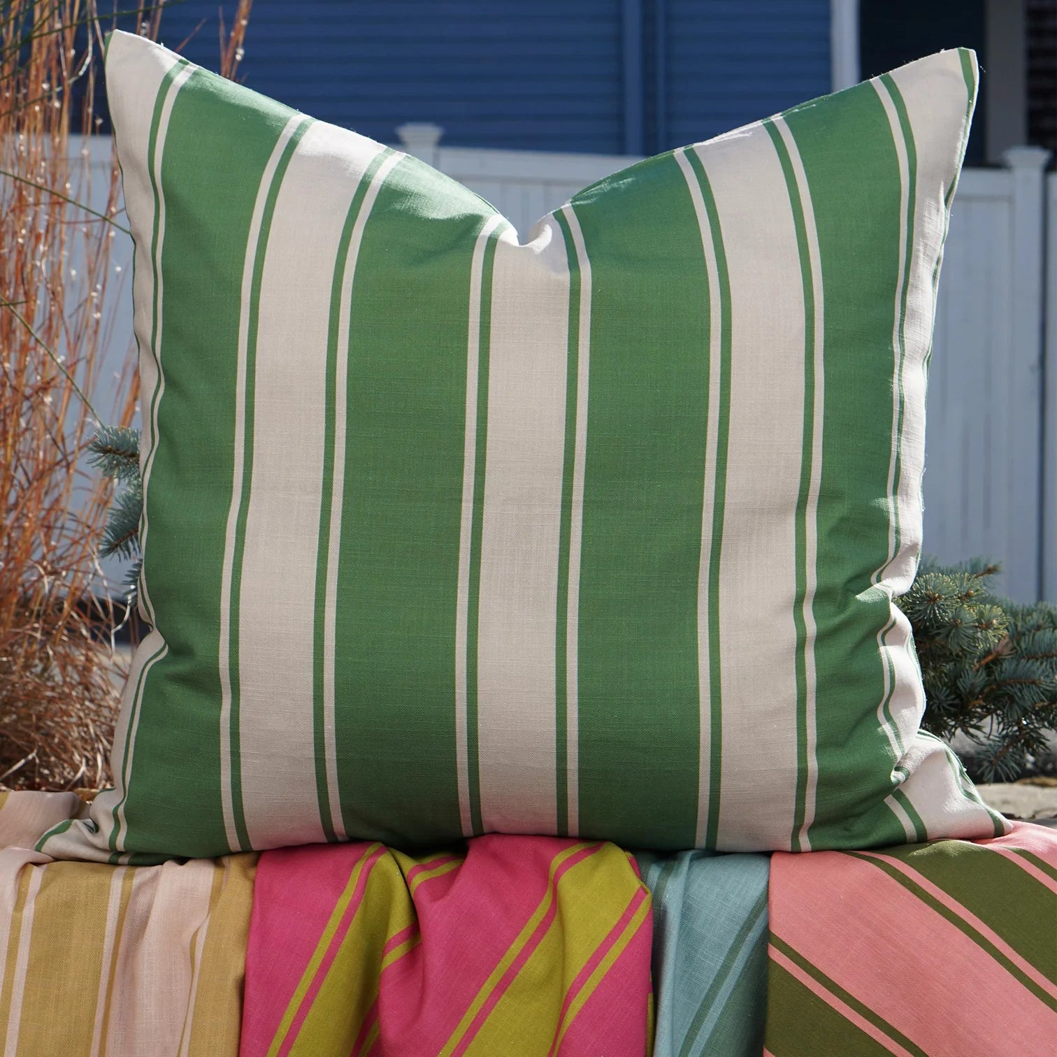 Riviera Stripes Pillow in Hunter Green & Fog
