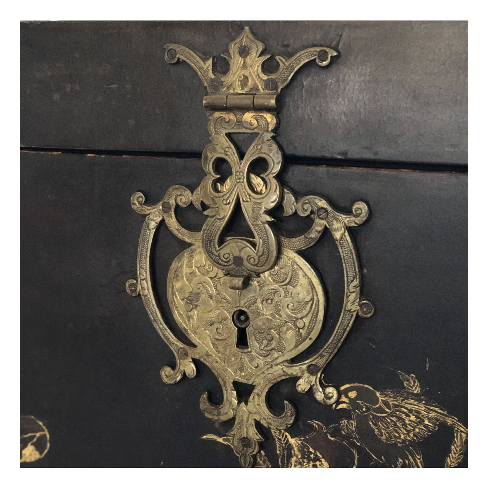 18th c Black Lacquered Trunk on 19th c stand