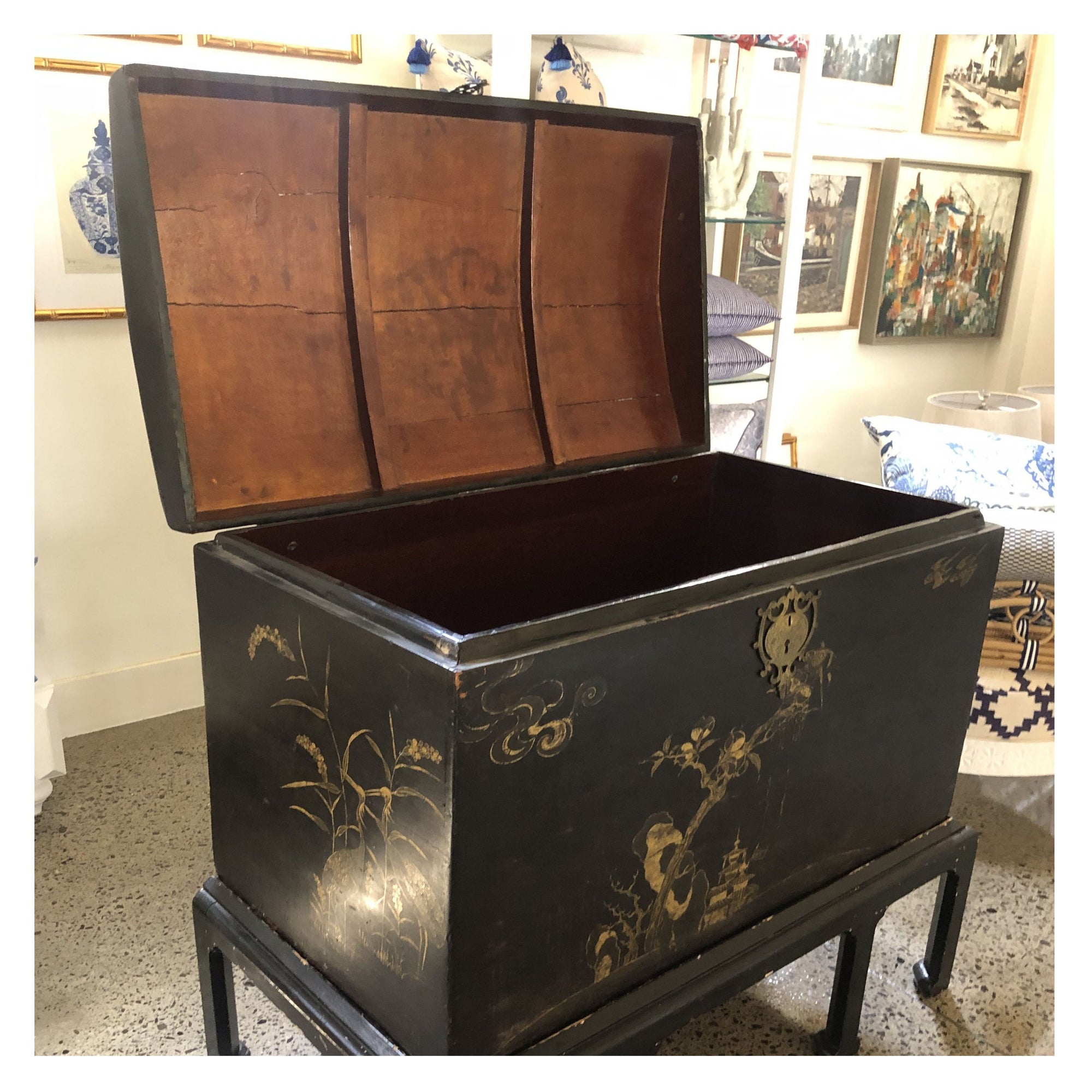 18th c Black Lacquered Trunk on 19th c stand