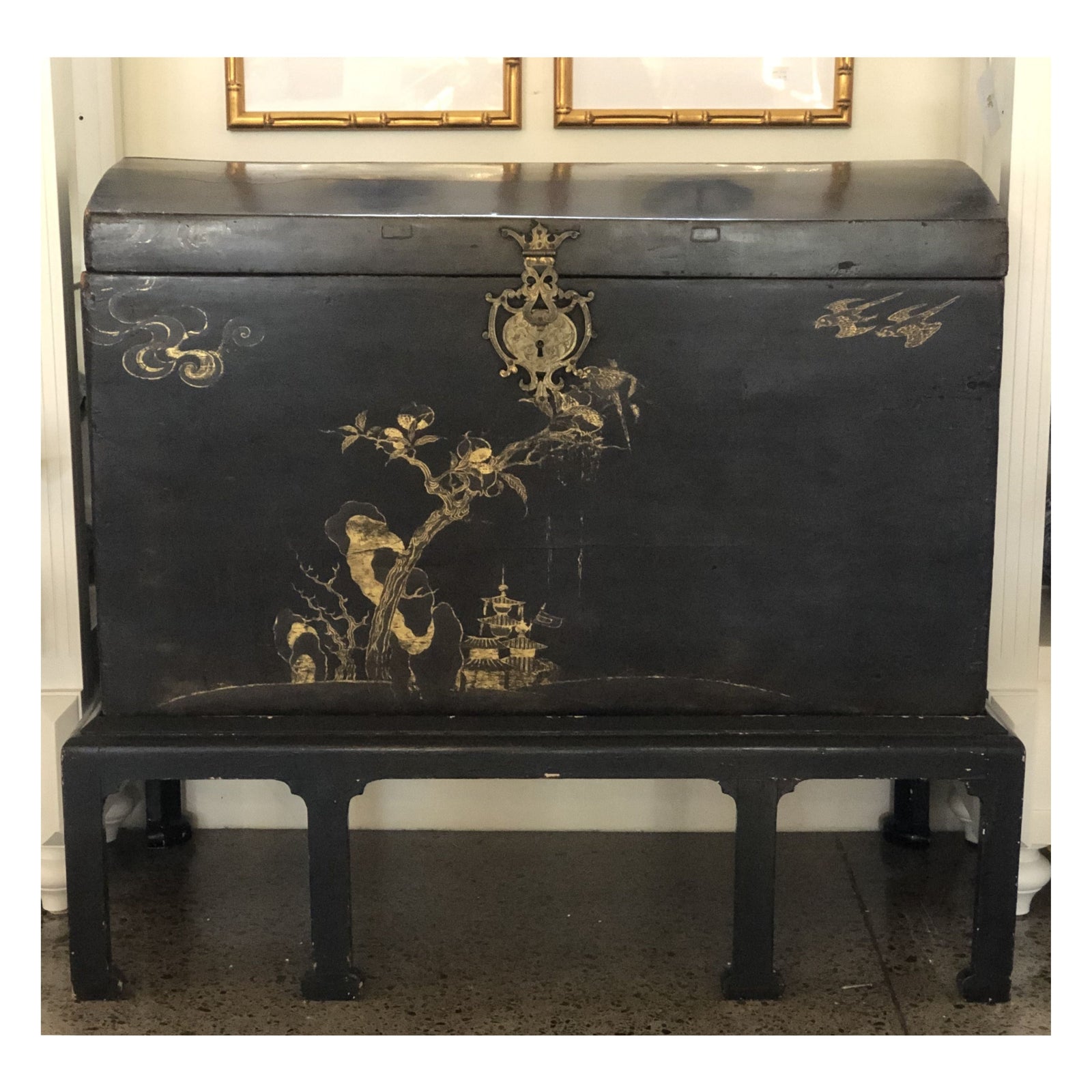 18th c Black Lacquered Trunk on 19th c stand